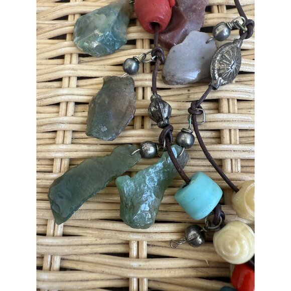 Vintage 80s Double Strand Necklace Carved Agate Trade Beads Boho - Picture 14 of 16